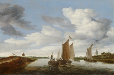 Paysage fluvial avec bateaux à voile et barge tirée par des chevaux - Salomon van Ruisdael or Ruysdael