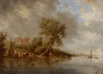 Paysage fluvial avec les ruines du château d