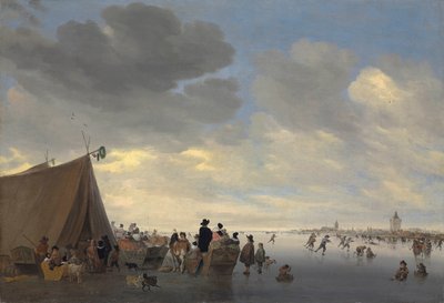 Patineurs sur la rivière gelée Lek, la ville de Vianen au-delà, 1653 - Salomon van Ruisdael or Ruysdael