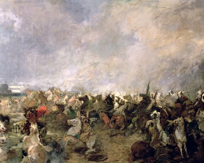 La bataille de Guadalete, détail de la fuite des Goths sous le commandement du roi Roderic en présence de la cavalerie musulmane de Tarik Ibn Ziyad, 711 après J.-C. (détail) - Salvador Martinez Cubells