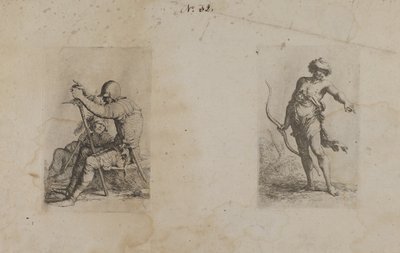 (Série de figurines) Deux hommes assis, chacun portant une arme - Salvator Rosa