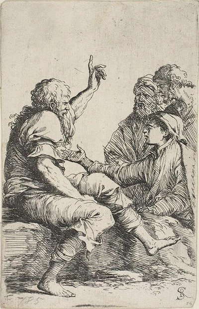Un vieil homme barbu assis sur un rocher faisant un geste exhortatif vers trois hommes en face de lui, de la série Figurine - Salvator Rosa