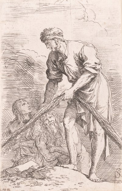 Un homme tirant un filet avec deux figures derrière lui, de la série 