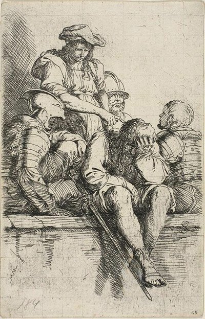 Quatre guerriers et un jeune homme debout, qui pointe vers l