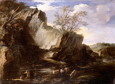 Paysage rocheux avec bergers et bétail - Salvator Rosa