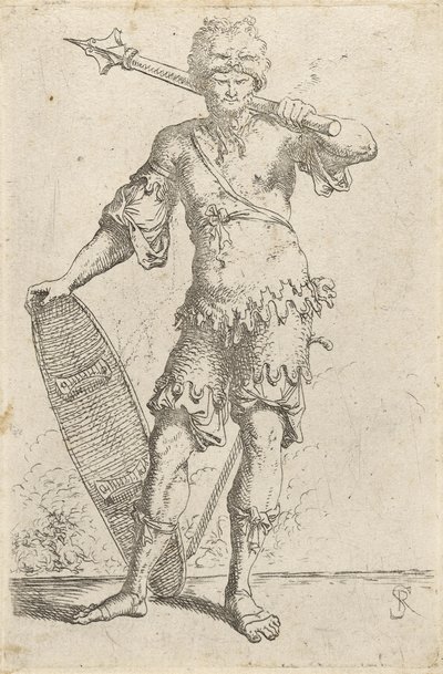 Guerrier exotique debout portant un bonnet de tête de lion, tenant une masse et un bouclier, c.1656-57 - Salvator Rosa
