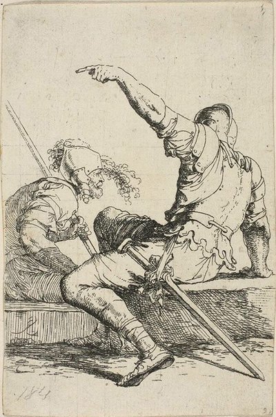 Deux guerriers assis sur des rochers bas - Salvator Rosa