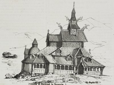 Église en bois debout de Borgund, Norvège, lithographie de Salvatore Puglia de Poliorama Pittoresco, n 40, 14 mai - Salvatore Puglia