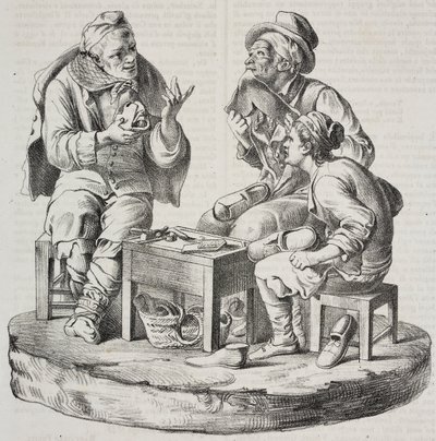 Cordonnier en dispute, statuettes de Giacomo Bongiovanni et Giuseppe Vaccaro, lithographie de Salvatore Puglia de Poliorama Pittoresco, n 32, 18 mars - Salvatore Puglia