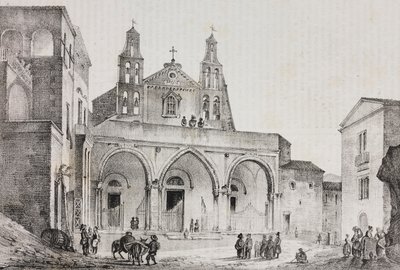 Façade de la cathédrale de Sessa Aurunca, Campanie, Italie, lithographie de Salvatore Puglia d
