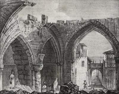 Ruines le long de la rue des Chevaliers, ville de Rhodes, Grèce, lithographie de Salvatore Puglia de Poliorama Pittoresco, n°3, 27 août - Salvatore Puglia