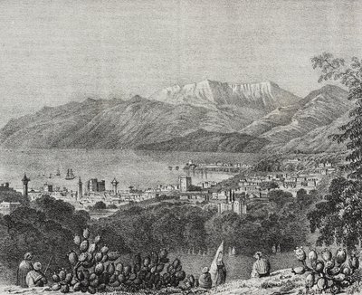 Vue de Beyrouth et de la chaîne du Mont Liban, Liban, lithographie de Salvatore Puglia de Poliorama Pittoresco, n 8, 1er octobre - Salvatore Puglia