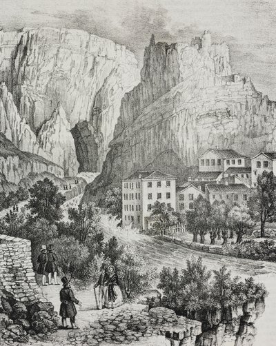 Vue de Fontaine-de-Vaucluse, France, lithographie de Sardi de Poliorama Pittoresco, n 51, 30 juillet - Salvatore Puglia