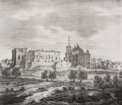 Vue ouest de Mesagne, Apulie, Italie, lithographie de Salvatore Puglia de Poliorama Pittoresco, n 47, 29 juin - Salvatore Puglia