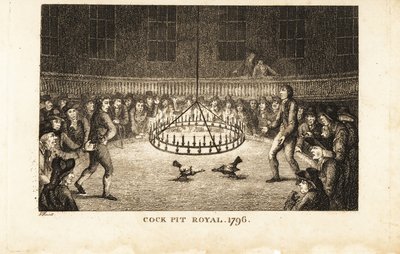 Parieurs regardant un combat de coqs à la lumière des bougies au Cock Pit Royal, St - Samuel (after) Howitt