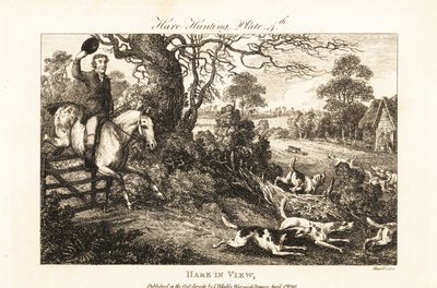 Chasseur à cheval sautant une clôture après une meute de chiens poursuivant un lièvre - Samuel (after) Howitt