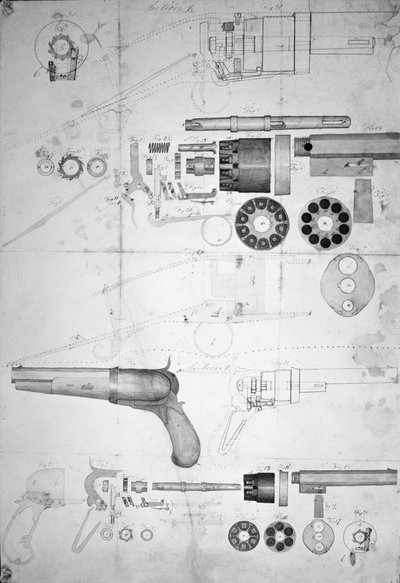 Plans originaux pour un revolver à dix chambres qui est devenu plus tard le six chambres breveté en 1836, vers 1830 - Samuel Colt