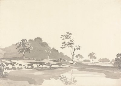 Scène de rivière avec un fort sur une colline au loin - Samuel Davis