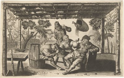 Trois paysans buvant et fumant dans une grange - Samuel Donnet
