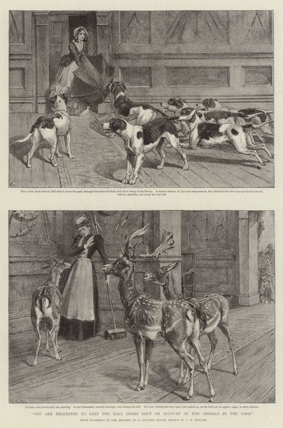 Veuillez garder les portes du hall fermées à cause des animaux dans le parc (lithographie) - Samuel Edmund (after) Waller