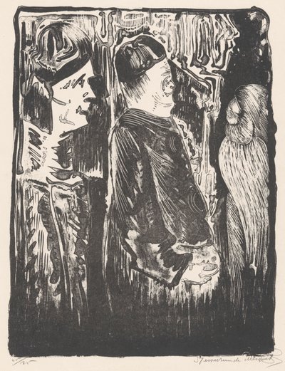 Fantaisie : à gauche deux figures avec des bonnets vers la droite, à droite une apparition gravée avec un plumage - Samuel Jessurun de Mesquita