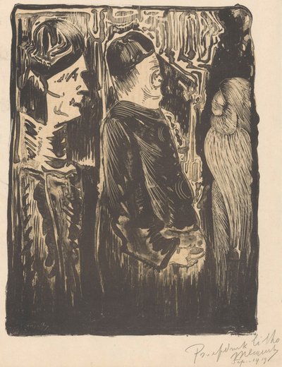Fantaisie : à gauche deux figures avec des bonnets vers la droite, à droite une apparition gravée avec un plumage - Samuel Jessurun de Mesquita