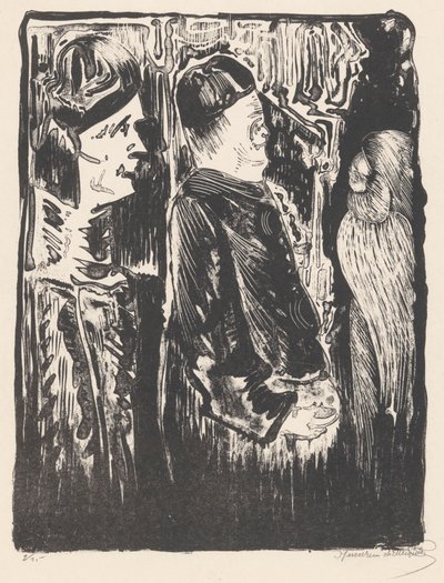 Fantaisie : à gauche deux figures avec des bonnets vers la droite, à droite une apparition gravée avec un plumage - Samuel Jessurun de Mesquita