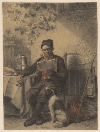 Homme lisant avec un chien - Samuel Johannes de Vletter