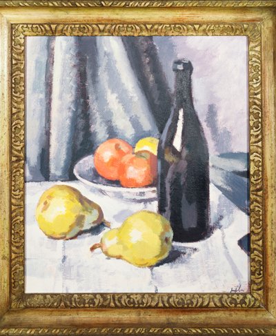 Pommes, poires et une bouteille noire sur une table drapée, c.1928 - Samuel John Peploe