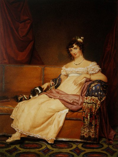 Lady Waterhouse assise sur un canapé avec son épagneul - Samuel John Stump