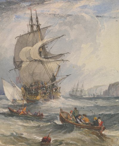 Navires à voile et petits bateaux en mer agitée au large de la côte - Samuel Owen