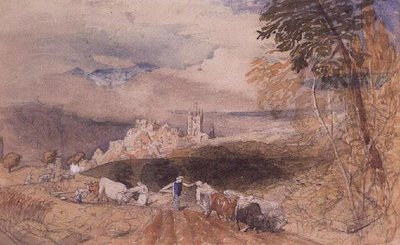 Paysage vallonné avec des fermiers labourant - Samuel Palmer