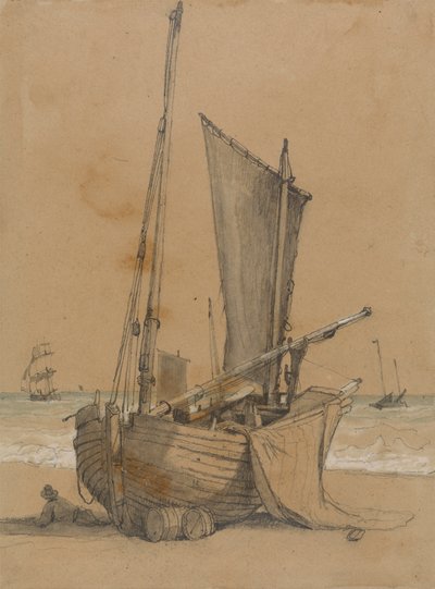 Bateau de pêche sur la plage avec une goélette en mer - Samuel Prout
