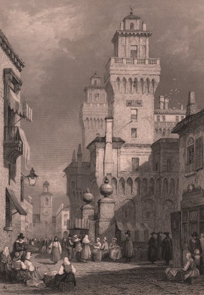 Vue du Castello Estense, Ferrare, Émilie-Romagne, Italie, gravure sur acier par John Godfrey d