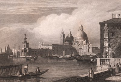 Vue du Grand Canal avec Punta della Dogana et la Basilique Santa Maria della Salute en arrière-plan, Venise, Vénétie, Italie, gravure sur acier d