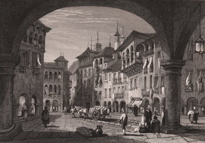 Vue de la place du marché à Domodossola, Piémont, Italie, gravure sur acier d