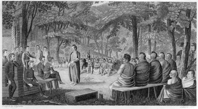 Le Major Long tenant un conseil avec les Indiens Oto (Missouri), gravé par Lawson, 1819 - Samuel Seymour