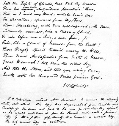Dernières lignes du poème Hymne avant le lever du soleil dans la vallée de Chamouny de Coleridge, écrites de la main du poète et envoyées dans une lettre à Mme Brabant de Devizes, 1815 - Samuel Taylor Coleridge