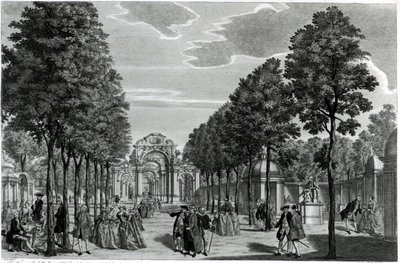 Les Arches Triomphales, Statue de Handel dans le South Walk des jardins de Vauxhall, gravé par John S. Muller - Samuel Wale