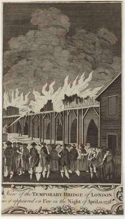 Vue du pont temporaire de Londres en feu la nuit du 11 avril 1758 - Samuel Wale