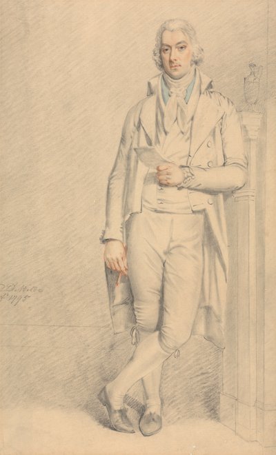 Un gentleman, en pied, tenant un papier et un crayon - Samuel de Wilde