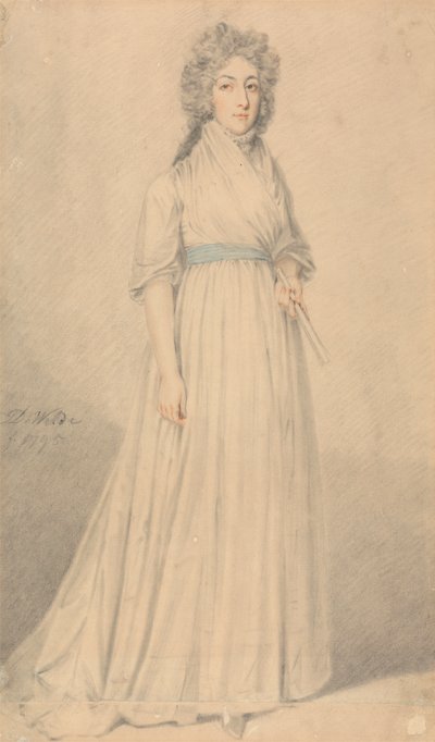 Une dame, en pied, portant une écharpe bleue et tenant un éventail - Samuel de Wilde