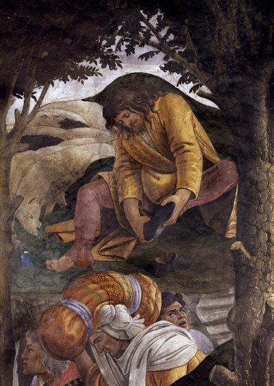 Histoire de la vie de Moïse. Détail de Moïse mettant ses chaussures. Peinture par Alessandro di Mariano dei Filipepi dit Sandro Botticelli (1445-1510). Fresque - Sandro Botticelli