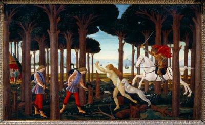 Histoire de Nastagio degli Onesti: Rencontre avec la damnée de la pinède, premier panneau d