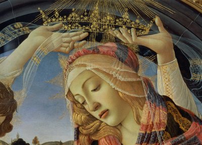 La Madone du Magnificat, détail du visage et de la couronne de la Vierge - Sandro Botticelli