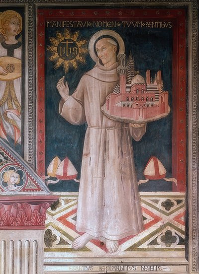 Saint Bernardin de Sienne avec un modèle de la ville de Sienne - Sano di Pietro