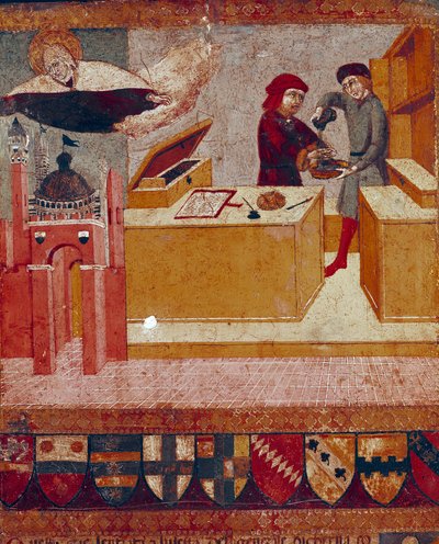 Le camerlingue se lave symboliquement les mains sous la protection de la Vierge (détail) - Sano di also Ansano di Pietro di Mencio Pietro