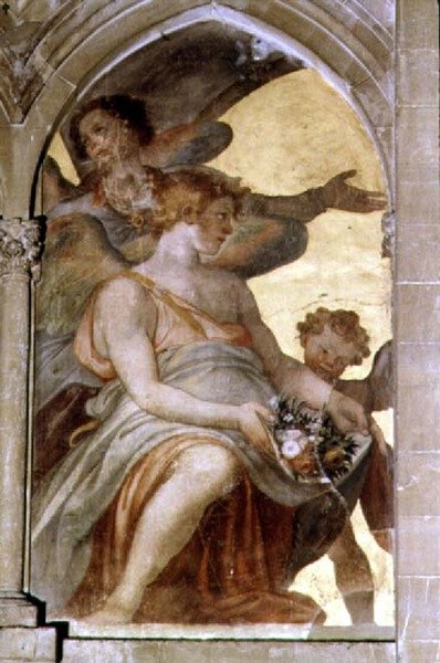 Anges musiciens dans un cloître en trompe-l