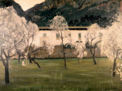 Paysage avec des fleurs dans les arbres. Peinture de Santiago Rusiñol y Prats (1861-1931). Musée national d
