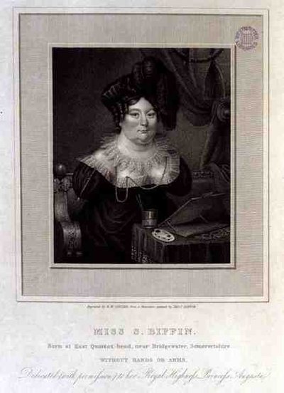 Miss S. Biffin, née à East Quantox-head, près de Bridgewater, Somersetshire, sans mains ni bras, gravée par R.W. Sievier - Sarah (after) Biffin